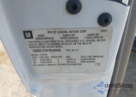 2001 Chevrolet Tahoe Lt z USA, uszkodzony, nr VIN 1GNEC13T61R169985